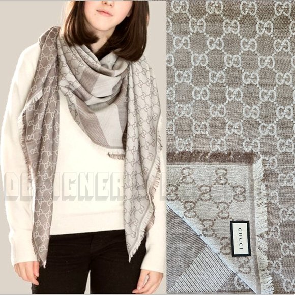 GUCCI Stone beige & Ivory GGWEB giant 55"- square wool/silk pashmina shawl scarf - Picture 1 of 8